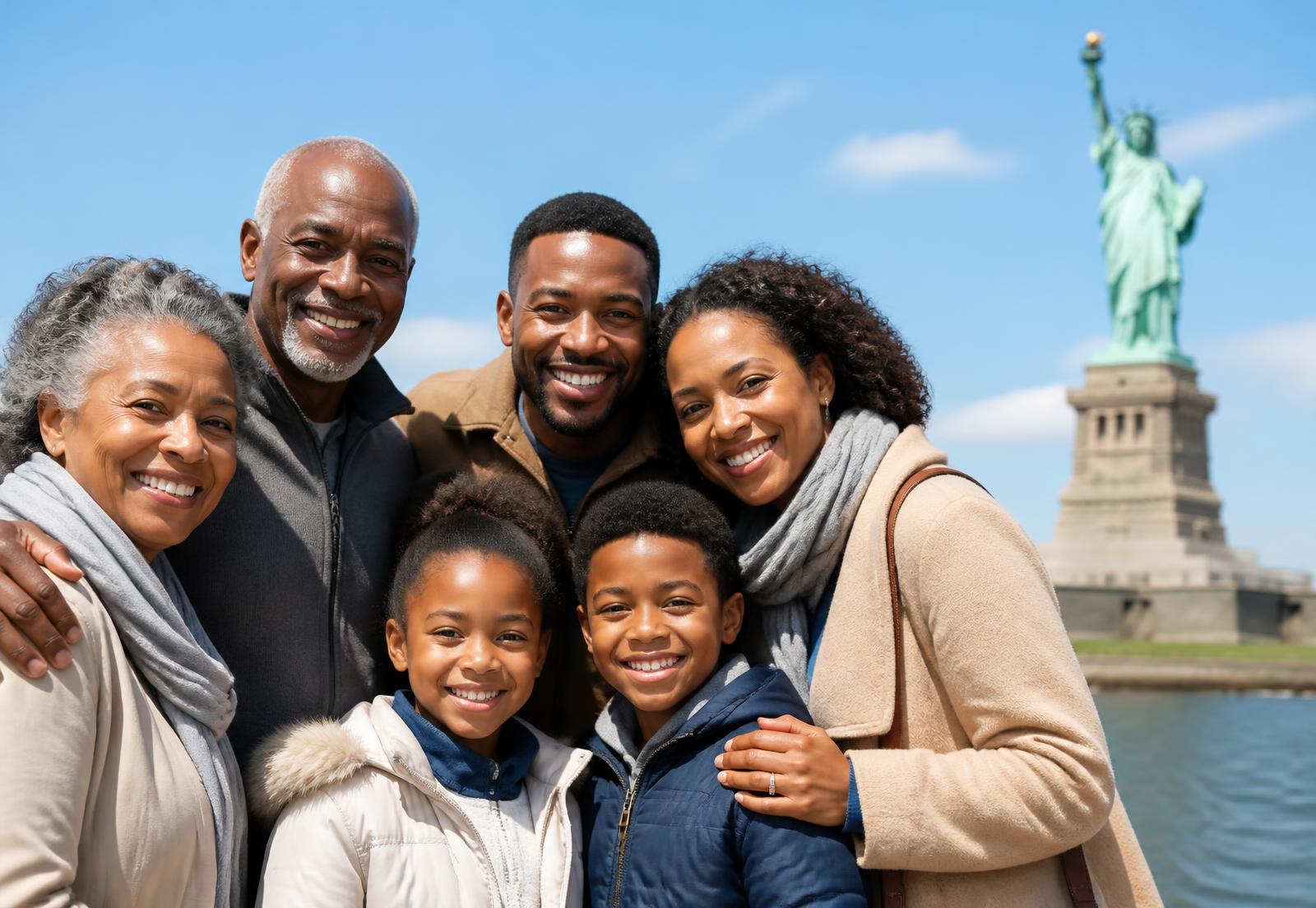 A multigenerational family together with the Statue of Liberty behind them