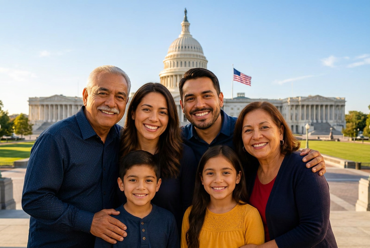 A happy multigenerational Hispanic family with the United States Capitol building in Washington D.C. in the background